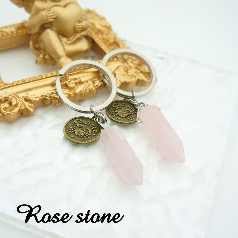 ZUOPIPI Zodiac Crystal Stone Keychain Natural Rose Stone/Red Agate/Aventurine Healing Crystal Keychain (Cancer) - Image 3
